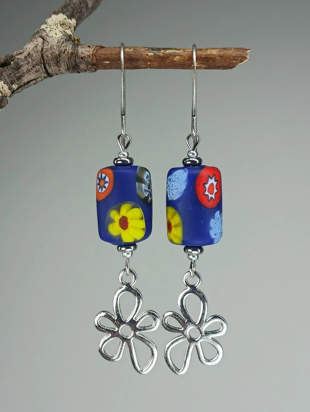 Millefiori Glass Flower Earrings Colorful Artisan Floral Dangles Hand Crafted